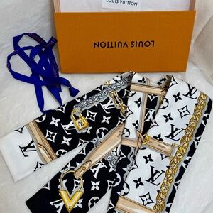 Louis Vuitton Monogram Silk Bandeau Scarf Black White Gold With Box